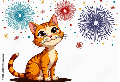 Charming Cartoon Cat with Orange Stripes Gazes Up Cheerfully Amidst a Sky Full of Vibrant Multi-Colored Fireworks and Bright Sparkling Stars