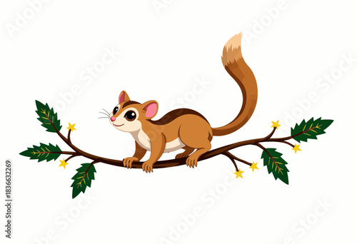 Illustration of a Cute Cartoon Sugar Glider on a Branch with Leaves and Stars in a Vibrant, Whimsical Style