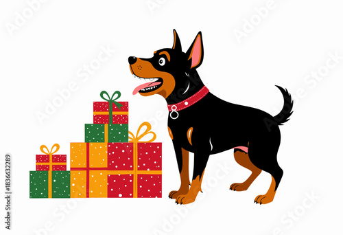 Joyful Cartoon Dog Excitedly Stands Beside Colorful Wrapped Gift Boxes with Ribbons and Bows, Eagerly Anticipating Fun and Surprises in Festive Setting