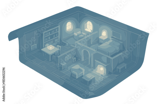 Glowing Blueprint Memory Palace. a glowing blueprint rolled open to reveal a cozy “memory palace” with rooms labeled by gentle