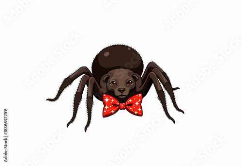 Illustration of a creative fantasy creature combining a tarantula with a face and a red bow tie on a stark white background