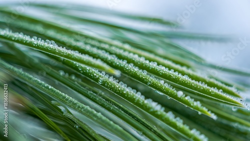 Close up of frost covered pine needles on a winter day