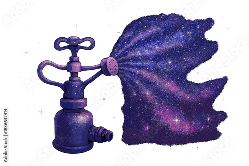 Cosmic Dust Sprinkler. a whimsical sprinkler releasing sparkling cosmic dust across the star field, indigo and rose palette, No
