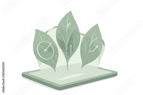Futuristic Crop Analytics. a holographic tablet displaying real-time soil and crop analytics shaped like leaves, sage and pearl