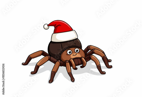 Festive Cartoon Spider Wearing a Santa Hat in a Cheerful Holiday Themed Illustration with a Whimsical, Festive Vibe to Spread Joy and Laughter