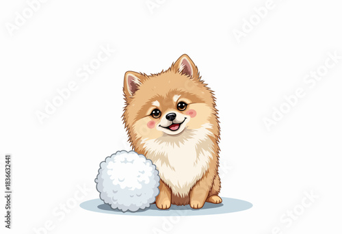 Adorable cartoon pomeranian puppy with fluffy ball sitting on a light blue shadowed surface with a joyful expression, showcasing cuteness and playfulness