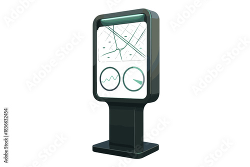 Futuristic Data Kiosk. a futuristic kiosk showing real-time traffic and emission balance indicators glowing softly, steel and mint