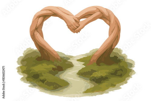 Heart Arch Overlight. a heart-shaped arch made of intertwining arms crossing a small river of light, moss and blush palette, No