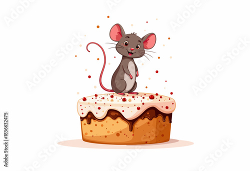Adorable Cartoon Mouse Perched on a Creamy Icing-Covered Cake with Colorful Sprinkles and Chocolate Drips on a White Background