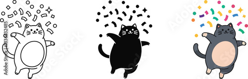 Joyful cartoon cats celebrate with colorful confetti, featuring line art, silhouette, and colored versions, perfect for party, birthday, and festive designs. Vector