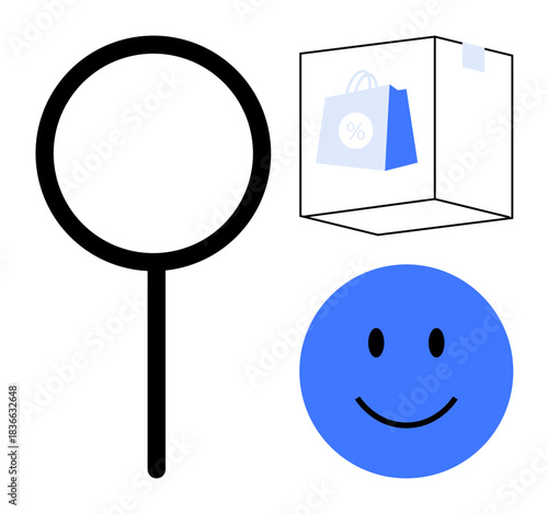 Shopping search concept. Magnifying glass search, happy face satisfaction, and a box with a discount bag. Shopping, discounts, marketing, customer satisfaction, e-commerce