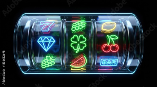 Neon slot machine with glowing symbols against a black background