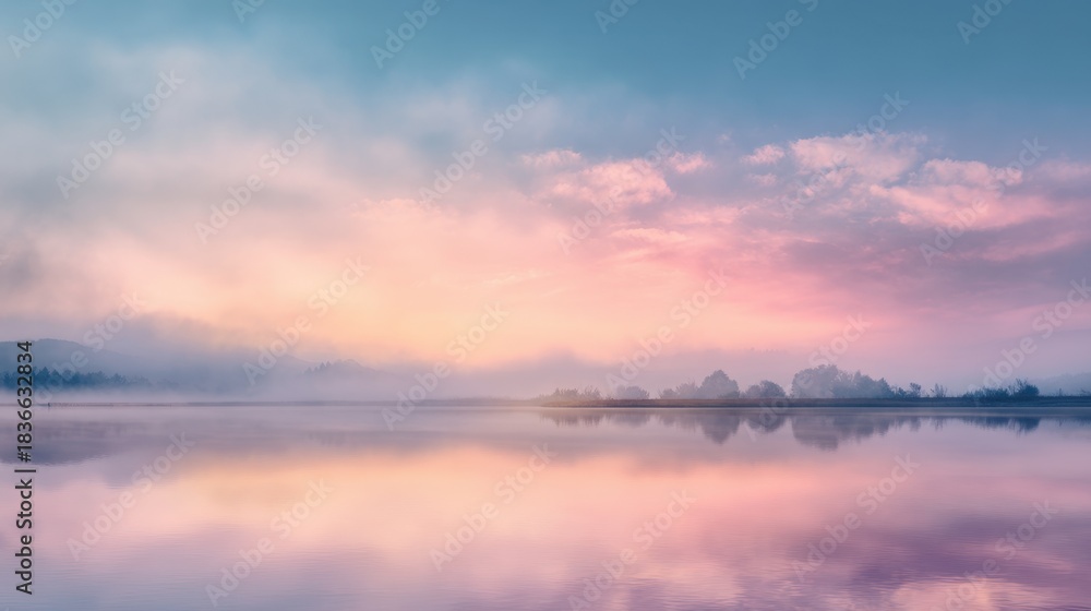 Fototapeta premium Calm waters reflect soft pastel colors as the morning mist embraces the landscape.