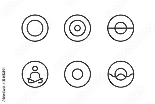 Sacred Circle Symbols. Icons for: calm sacred circles, spiritual balance rings, ritual harmony symbols, centered energy outlines,