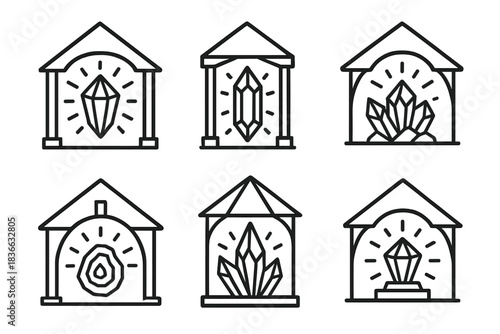 Luminous Gem Icons. Icons for: luminous gem pavilion emblems, glowing mineral shelter outlines, bright crystal gazebo icons,