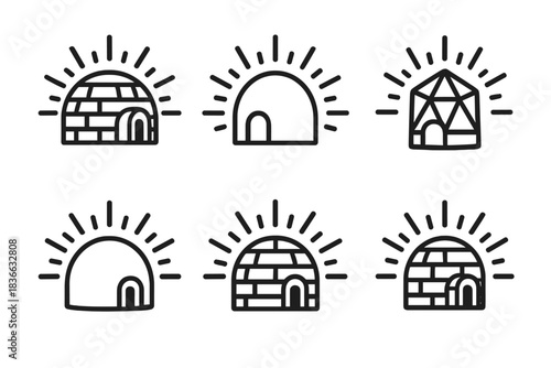 Illuminated Ice Shelters. Icons for: illuminated ice shelters, shining igloo outlines, radiant crystal dwellings, glowing frost
