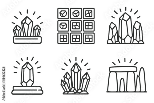 Glowing Stone Icons. Icons for: luminous rock glass alignments, glowing mineral grids, bright megalith transparencies, radiant