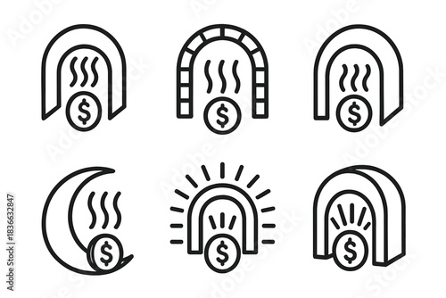 Currency Dryer Icons. Icons for: arched currency dryers, vaulted money heaters, bent coin evaporators, heat-curved minting arcs,
