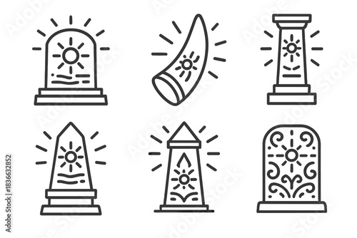 Radiant Ivory Monuments. Icons for: lighted ivory monument engravings, radiant tusk inscriptions, glowing ivory pillar designs,