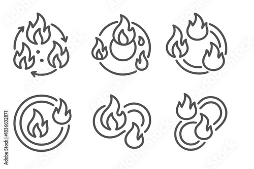 Kinetic Spark Icons. Line vector icons of kinetic spark relationships: rotating sparks, orbiting fire particles, spinning ignition
