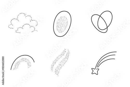 Soft Grain Iconography. Line vector icons of soft grain medleys: airy seed clouds, smooth dotted blends, silky powder loops, calm