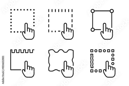 Tapping Enclosure Icons. Line vector icons of tapping enclosure shifts: dotted wall transitions, rhythmic tap lines, point-marked