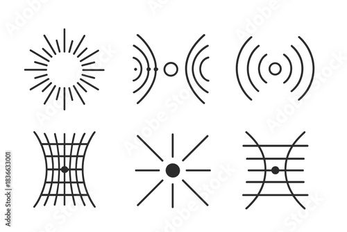 Luminous Motion Convergence. Line vector icons of luminous motion convergence: radiant flow lines, glowing channel paths,