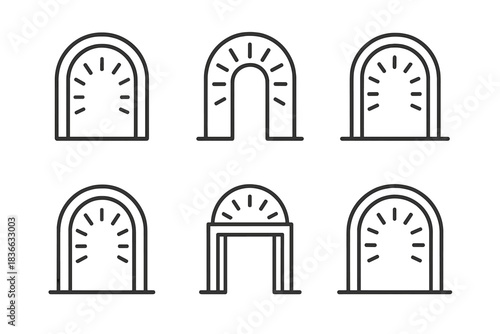 Radiant Insight Gateways. Line vector icons of radiant insight gateways: glowing understanding arches, luminous access outlines,