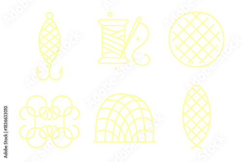 Luminous Lure Crafting. Line vector icons of a luminous lure being crafted: glowing thread outlines, radiant weaving tools,