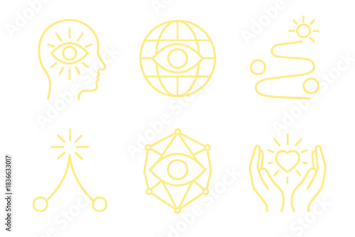 Glowing Foresight Symbols. Line vector icons of glowing foresight journeys: radiant visionary outlines, luminous mystical grids,