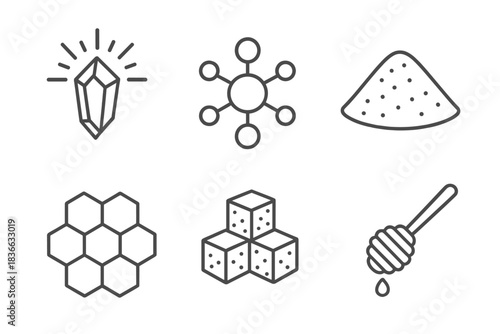 Radiant Sweet Icons. Line vector icons of a sugary center with refined shades: radiant crystal outlines, glowing sweet nodes,