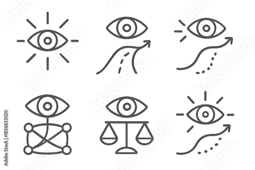 Visionary Travel Icons. Line vector icons of a seeing voyage of prediction: illuminated sight lines, radiant travel arcs, glowing