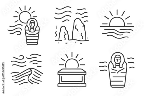 Solar Tomb Breeze. Line style icons of a hot wind around a tomb during solar change: sarcophagus beneath sunburst, curved lines