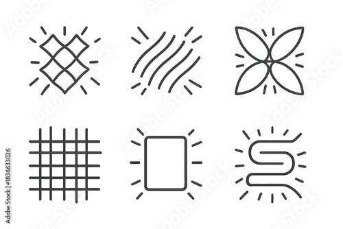 Radiant Textile Designs. Line vector icons of bright textile attractions: glowing weaving meshes, radiant fabric lines, luminous