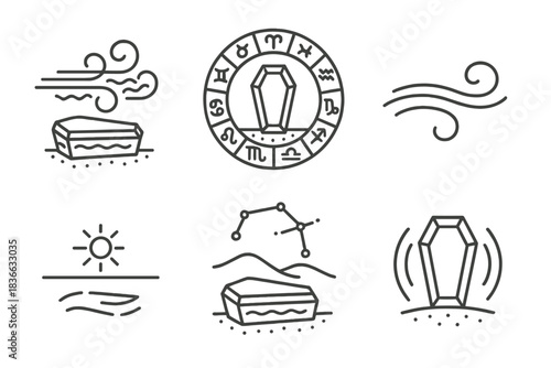 Astronomical Wind Icons. Line style icons of astronomical wind and rest: coffin under patterned gusts, circular zodiac frame