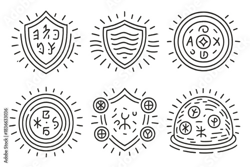 Mystical Shield Icons. Line style icons of a reverberating defense with secret sigils: layered shield with hidden scripts, wave