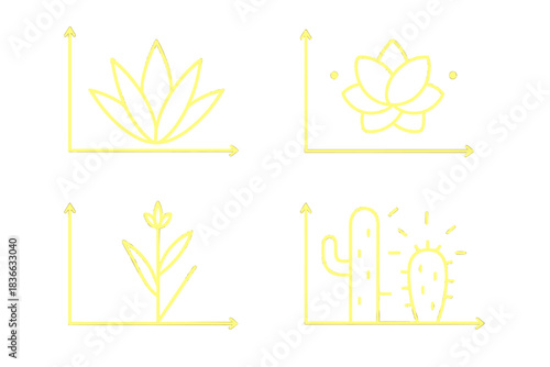 Glowing Drought-Resistant Icons. Line style icons of glowing drought-resistant plants on a chart: radiant agave within coordinates