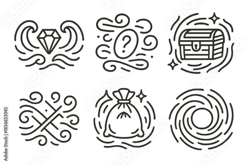 Turbulent Discovery Icons. Line style icons of turbulent discovery frontier: split waves surrounding mysterious finds, air