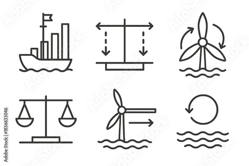Oceanic Yield Icons. Line style icons of oceanic yield mechanism: vessel mast as data column, crossbeam displaying harvest flow,