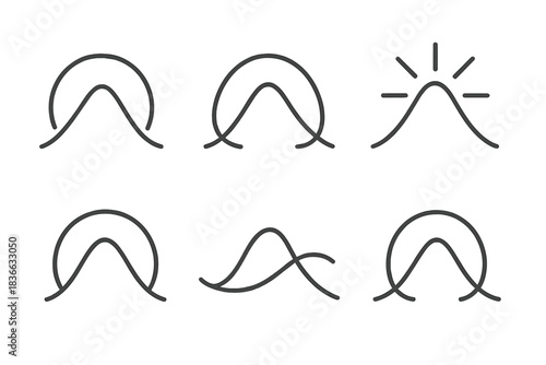 Peak Embrace Icons. Line style icons of a soft pinnacle with embracing arcs: smooth mountain crowned by dual curves, delicate arcs