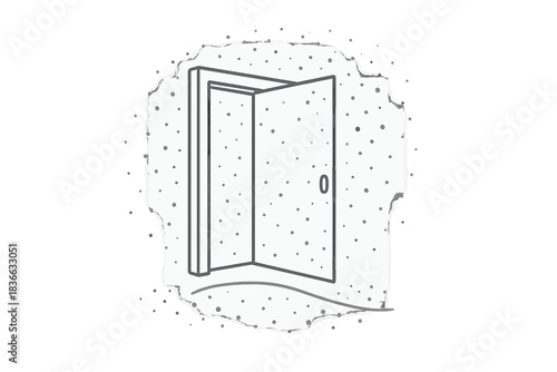 Floating Doorway Icons. Line style icons of a drifting doorway with mottled light: translucent frame with scattered illumination,