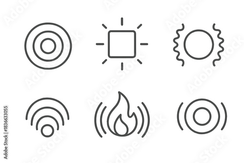 Radiant Geometry Harmony. Line style icons of radiant resonance geometry: luminous circle with echo lines, bright frame releasing
