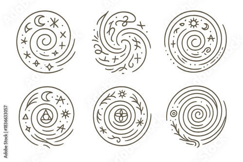 Mystical Spiral Icons. Line style icons of mystical spiral composition: soft whirl filled with symbolic forms, harmonic spin of