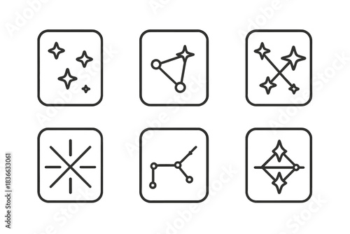 Starry Line Art. Line style icons of a starry junction in a dedicated slot: clustered points aligned in small recess, radiant