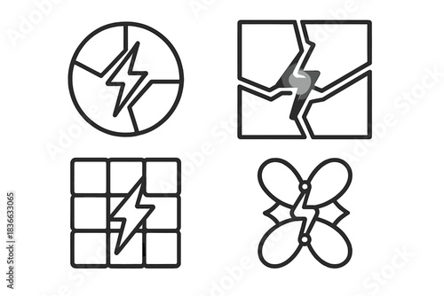 Electrified Geometric Connection. Line style icons of an electrified connection point in a mosaic: geometric tiles joining through