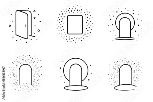 Atmospheric Portal Icons. Line style icons of atmospheric portals: drifting doorway amid scattered glow, suspended frame of varied