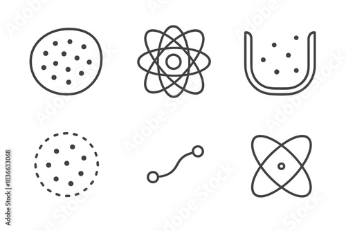 Particle Intuition Icons. Line style icons of a particle-based intuition in a cavity: clustered dots arranged inside rounded