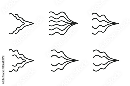 Vibrant Precision Icons. Line style icons of a shivering passage achieving sharpness: narrow vibration tunnel to clear end, wave