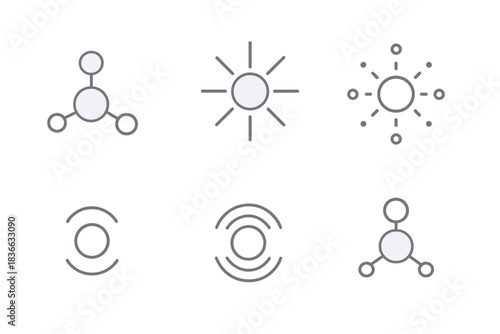 Harmonious Connection Icons. Line style icons of a sweet connection point with subtle variations: circular hub surrounded by soft