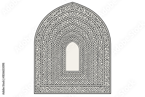Intricate Doorway Design. Line style icons of a patterned entry to realization: intricate design shaping doorway form, layered